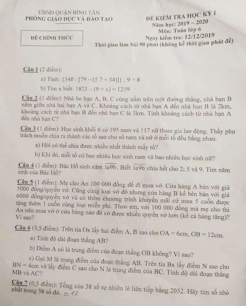 Đề kiểm tra học kì I môn Toán lớp 6 quận Tân Bình năm 2019