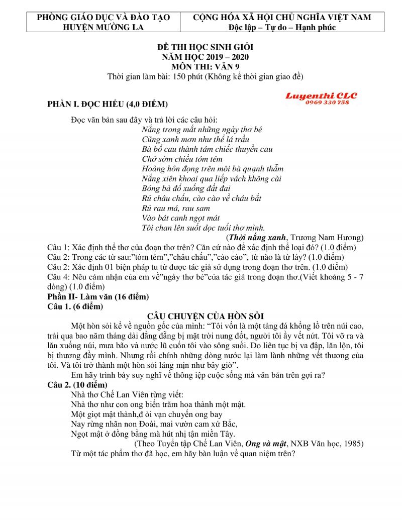 Đề thi chọn HSG môn Ngữ Văn lớp 9 huyện Mường La, tỉnh Sơn La năm 2020