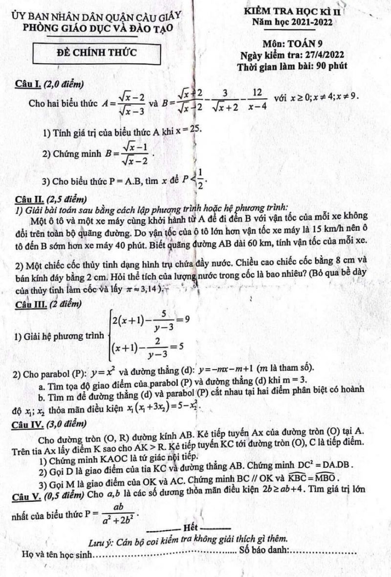 Đề kiểm tra học kì 2 môn Toán lớp 9 quận Cầu Giấy, Hà Nội năm 2022