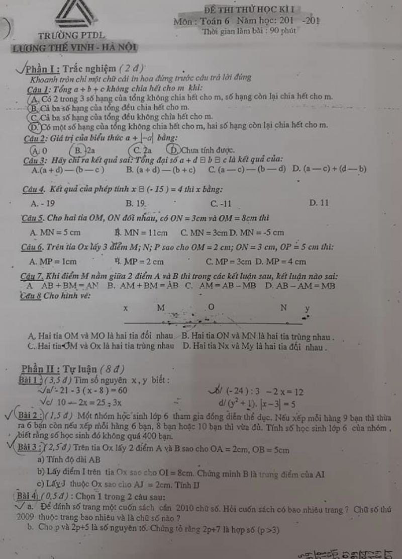 Đề thi thử học k&igrave; I m&ocirc;n To&aacute;n lớp 6 Trường PTDL Lương Thế Vinh