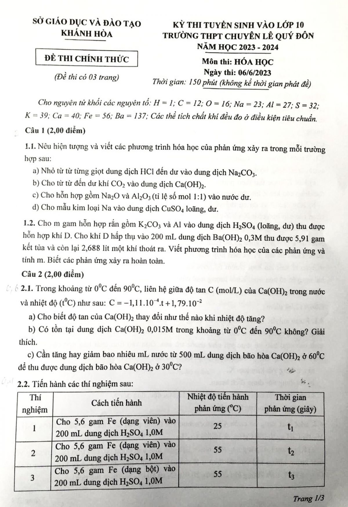 Đề thi tuyển sinh v&agrave;o lớp 10 m&ocirc;n H&oacute;a Học Trường THPT CHUY&Ecirc;N L&ecirc; Qu&yacute; Đ&ocirc;n tỉnh Kh&aacute;nh H&ograve;a năm 2023