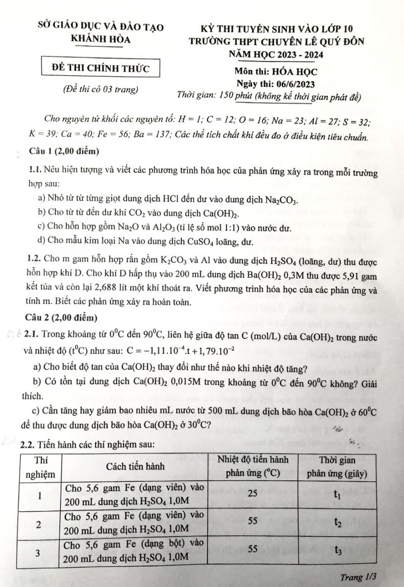 Đề thi tuyển sinh vào lớp 10 môn Hóa Học Trường THPT CHUYÊN Lê Quý Đôn tỉnh Khánh Hòa năm 2023