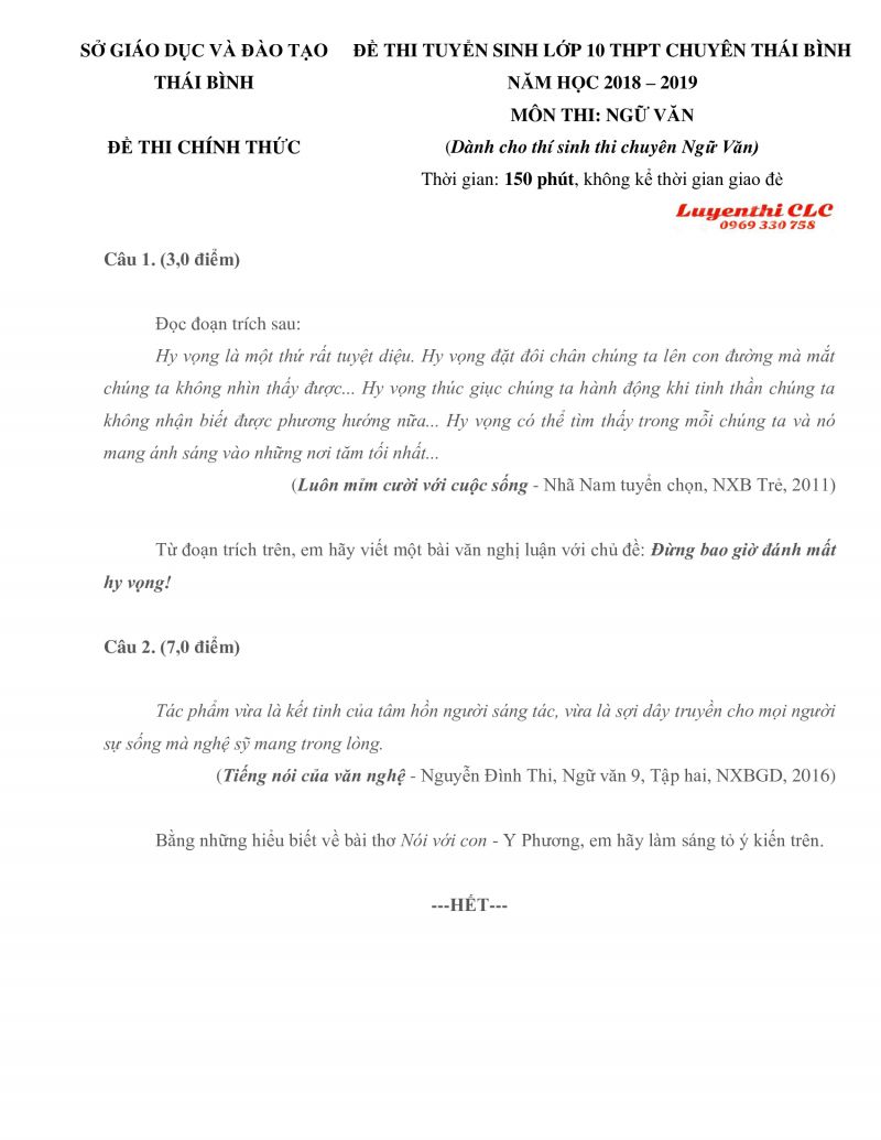 Đề thi tuyển sinh vào lớp 10 THPT môn Ngữ Văn CHUYÊN tỉnh Thái Bình năm 2019