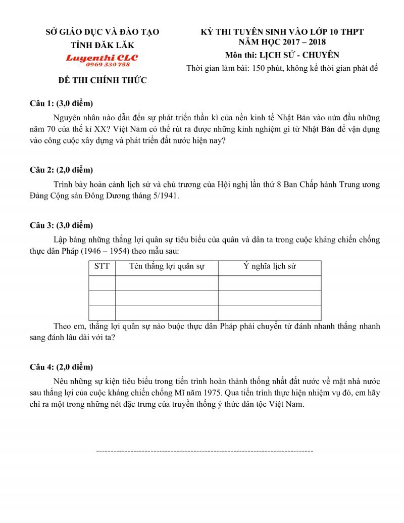 Đề thi tuyển v&agrave;o lớp 10 THPT m&ocirc;n Lịch Sử Chuy&ecirc;n tỉnh Đắk Lắk năm 2018