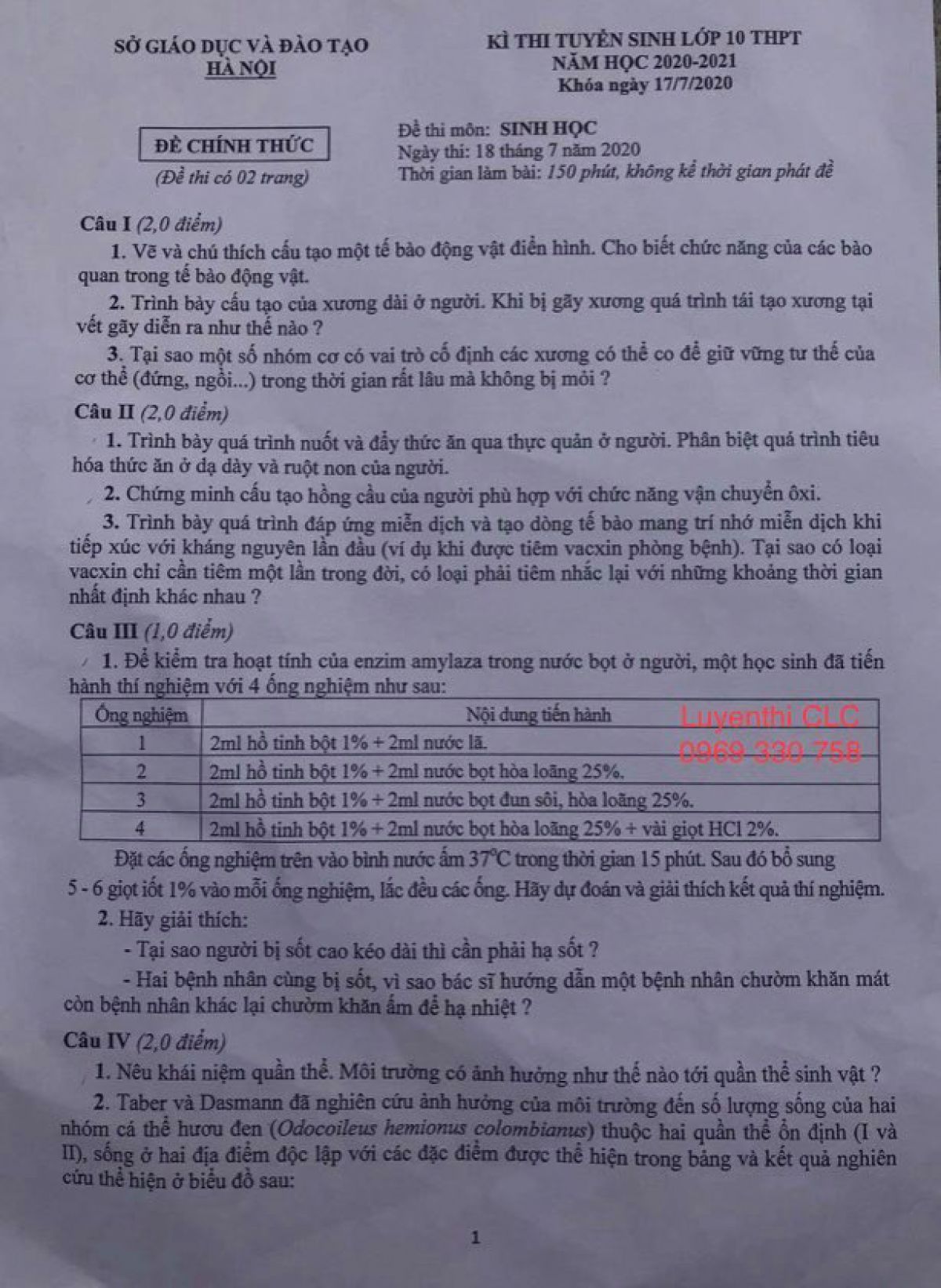 Đề thi m&ocirc;n SINH (chuy&ecirc;n) - tuyển sinh v&agrave;o lớp 10 THPT Th&agrave;nh phố H&agrave; Nội năm 2020 (thi s&aacute;ng ng&agrave;y 18/7/2020)