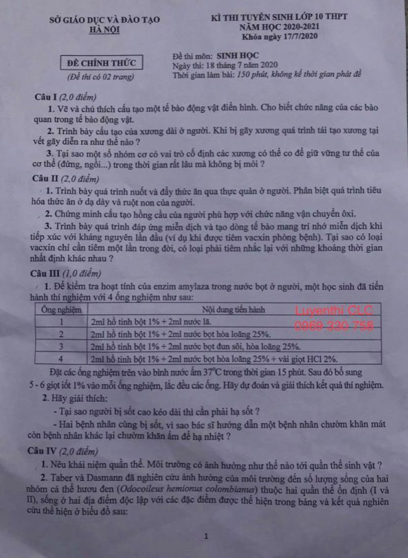 Đề thi môn SINH (chuyên) - tuyển sinh vào lớp 10 THPT Thành phố Hà Nội năm 2020 (thi sáng ngày 18/7/2020)