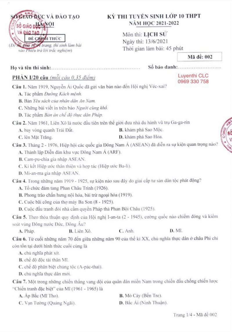 Đề thi tuyển sinh v&agrave;o lớp 10 THPT v&agrave; đ&aacute;p &aacute;n m&ocirc;n Lịch Sử tại H&agrave; Nội năm 2021
