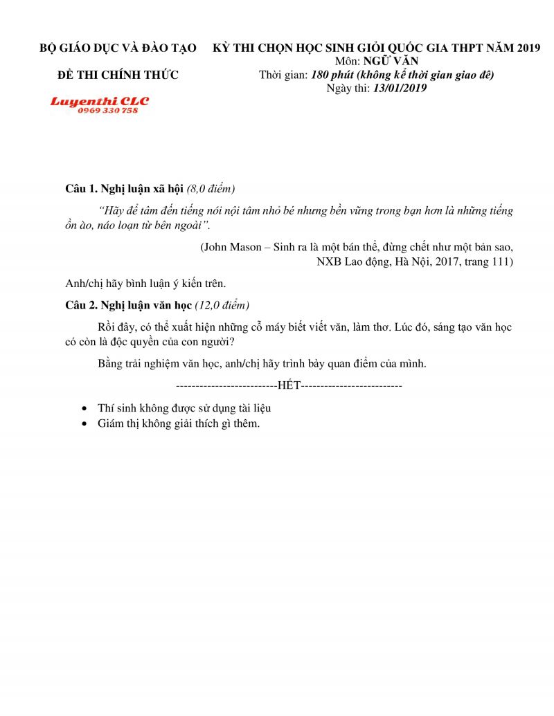 Đề thi chọn HSG Quốc Gia THPT môn Ngữ Văn năm 2019
