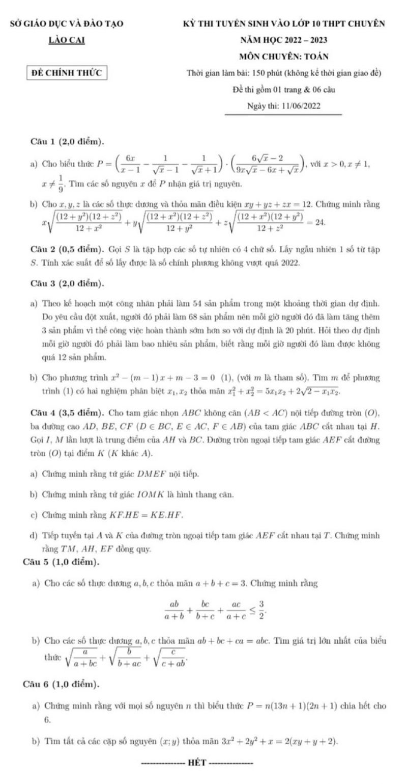 Đề thi tuyển sinh vào lớp 10 THPT môn Toán Chuyên tỉnh Lào Cai năm 2022