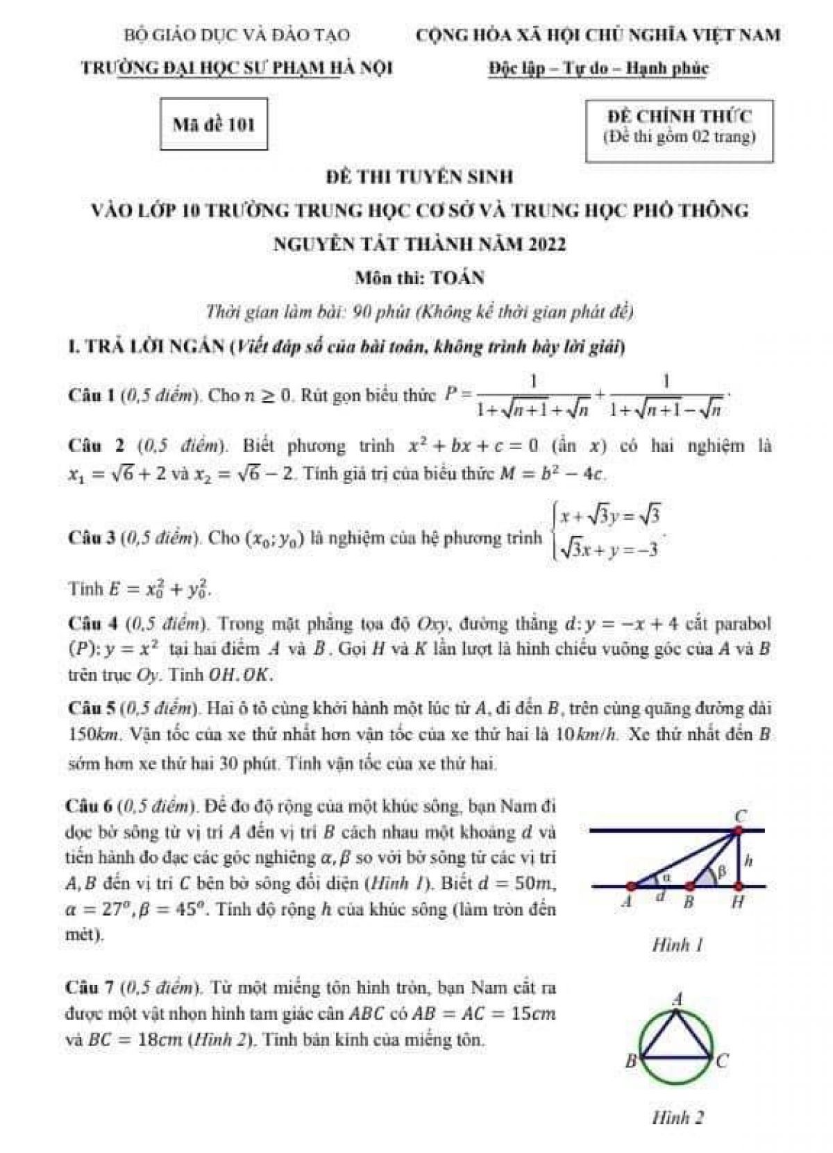 Đề thi tuyển sinh vào lớp 10 môn Toán THPT Nguyễn Tất Thành Trường Đại học Sư phạm Hà Nội năm 2022