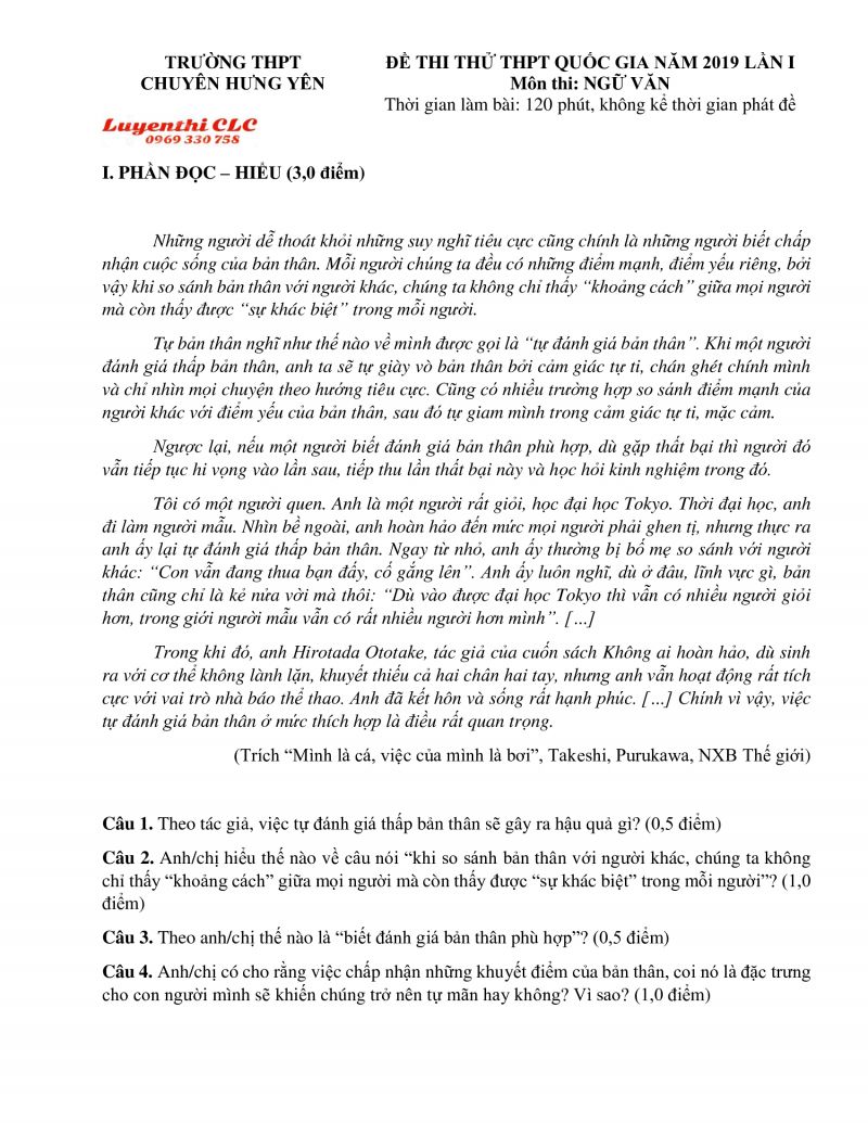 Đề thi THPT Quốc Gia môn Ngữ Văn lần thứ nhất Trường THPT CHUYÊN tỉnh Hưng Yên năm 2019