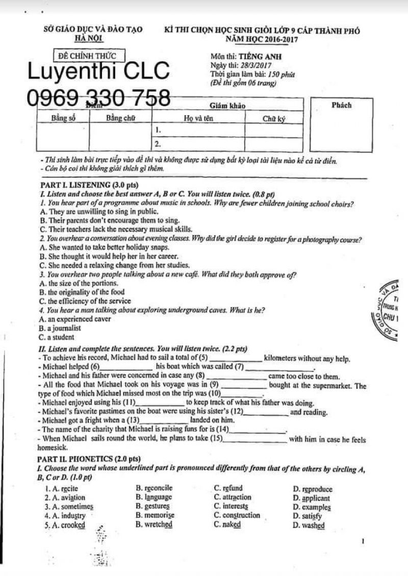 Đề thi chọn HSG lớp 9 cấp thành phố môn Tiếng Anh tại Hà Nội năm 2017