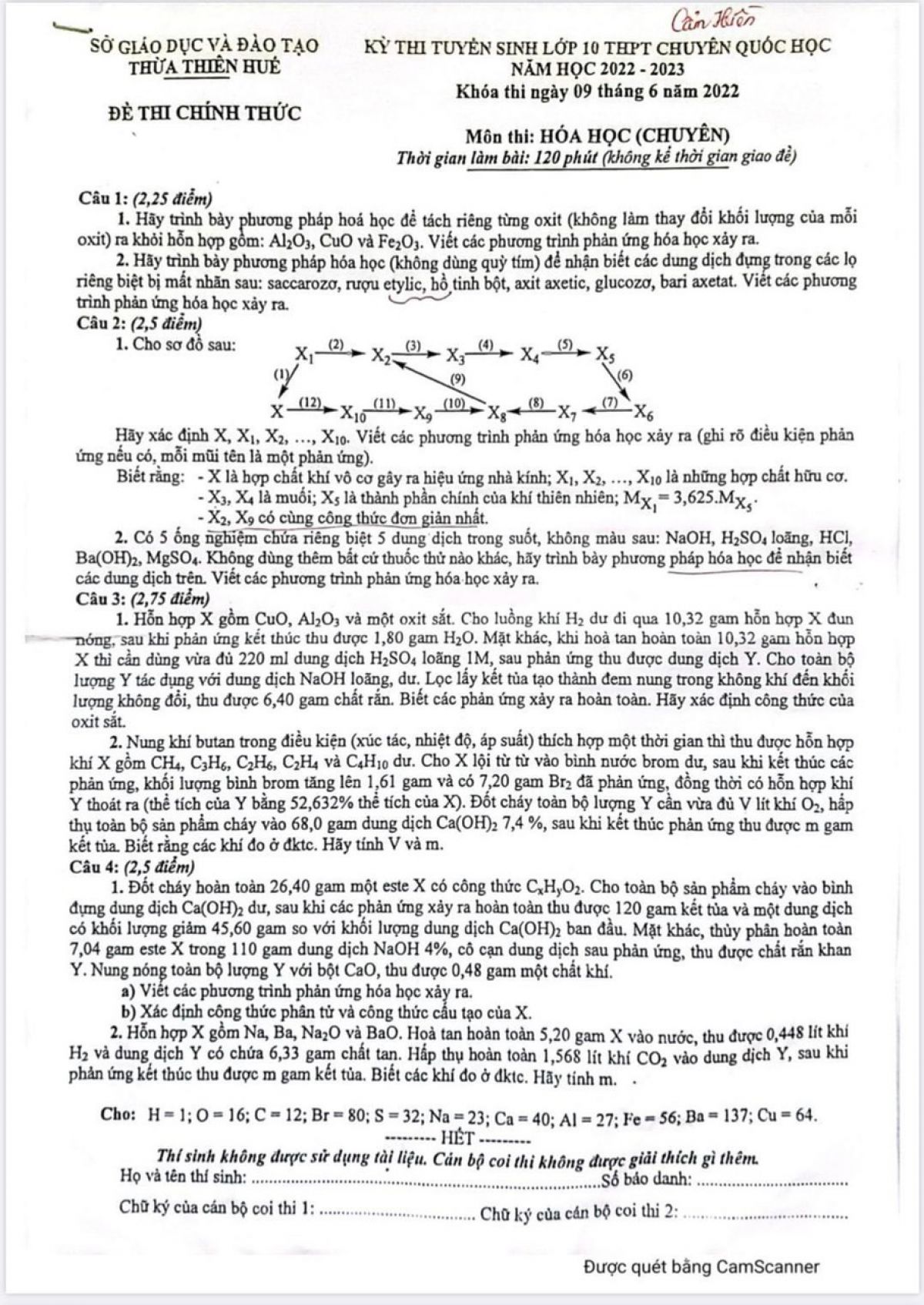 Đề thi tuyển sinh v&agrave;o lớp 10 THPT CHUY&Ecirc;N v&agrave; đ&aacute;p &aacute;n m&ocirc;n H&oacute;a Học tại Thừa Thi&ecirc;n Huế năm 2022