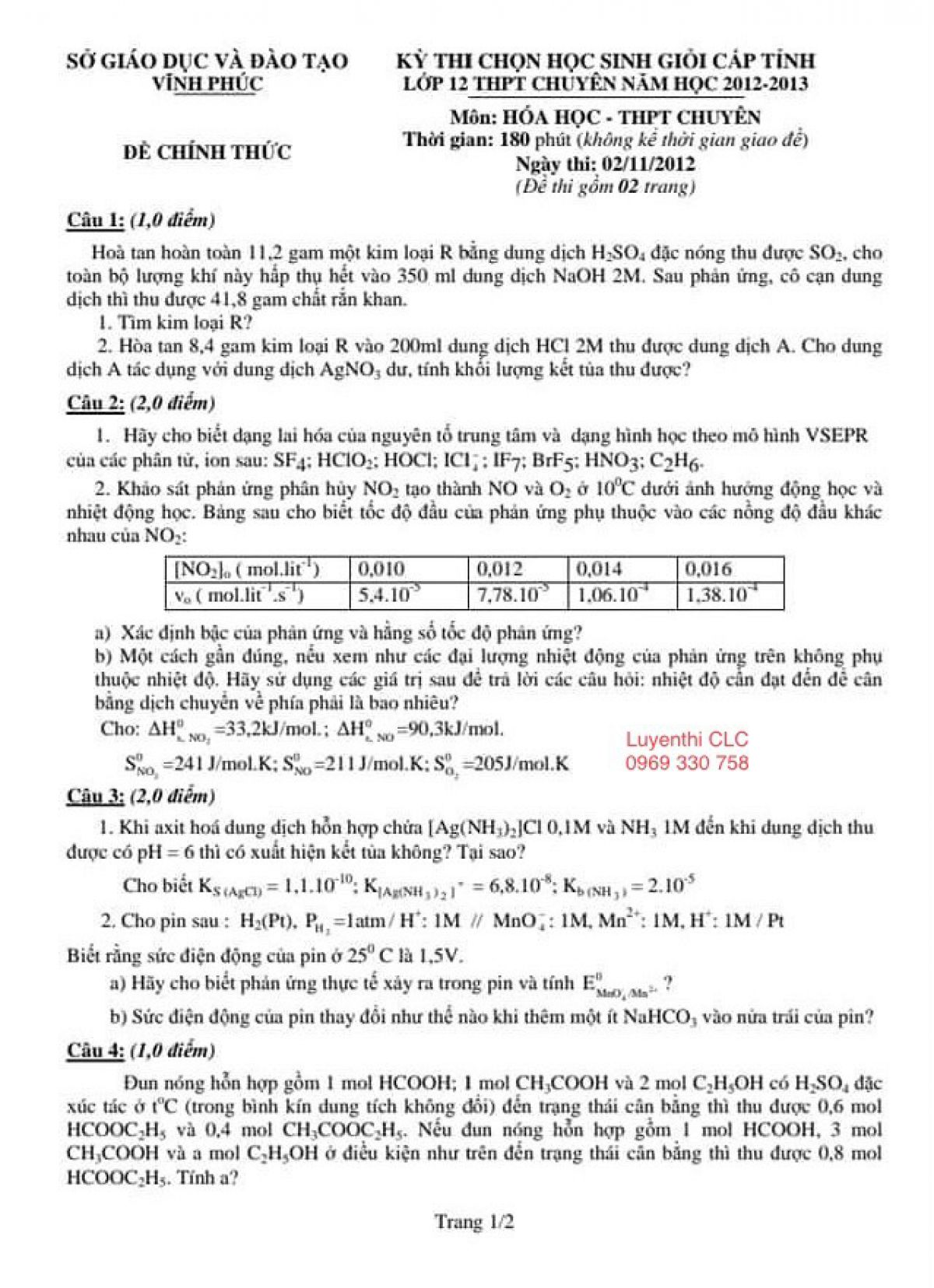 Đề thi chọn HSG môn Hóa Học lớp 12 THPT CHUYÊN tỉnh Vĩnh Phúc năm 2012