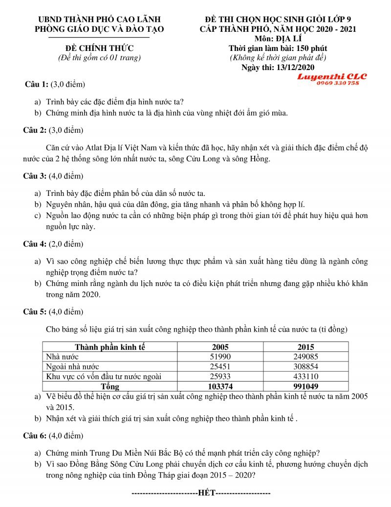 Đề thi chọn HSG m&ocirc;n Địa L&yacute; tỉnh Đồng Th&aacute;p năm 2021