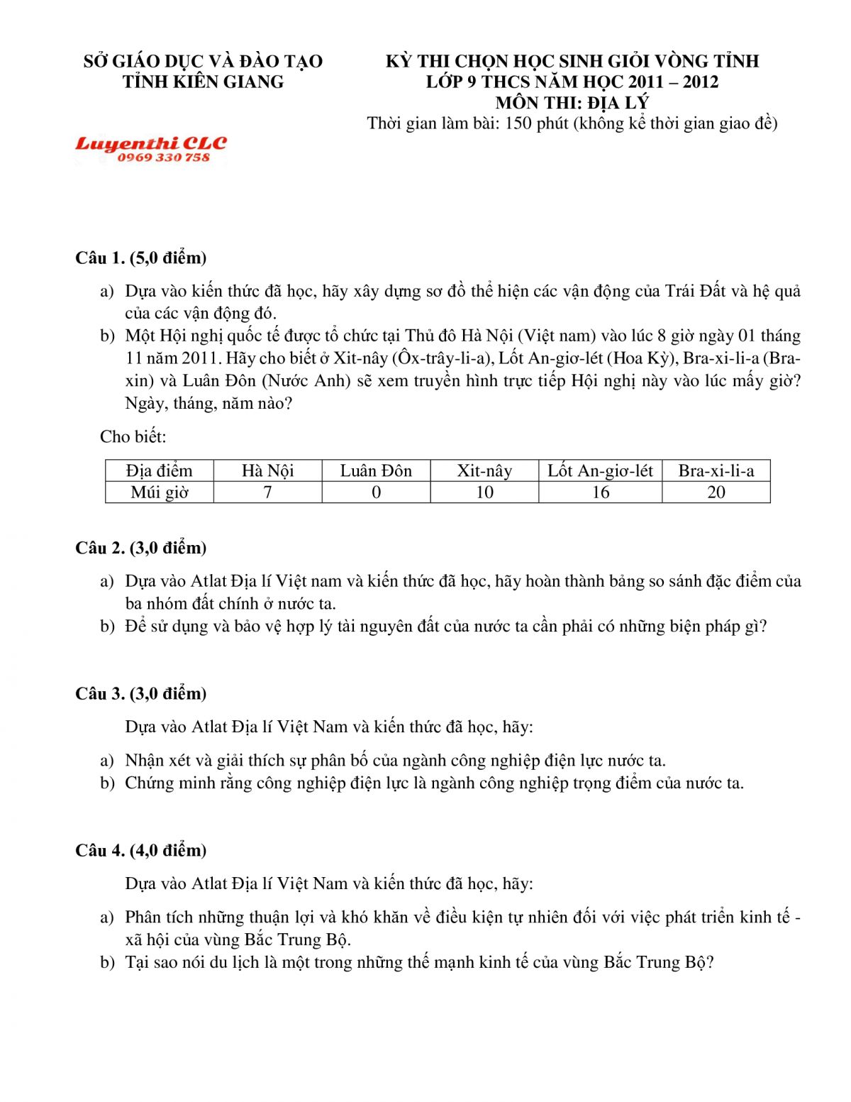 Đề thi chọn HSG m&ocirc;n Địa L&iacute; lớp 9 tỉnh Ki&ecirc;n Giang năm 2012