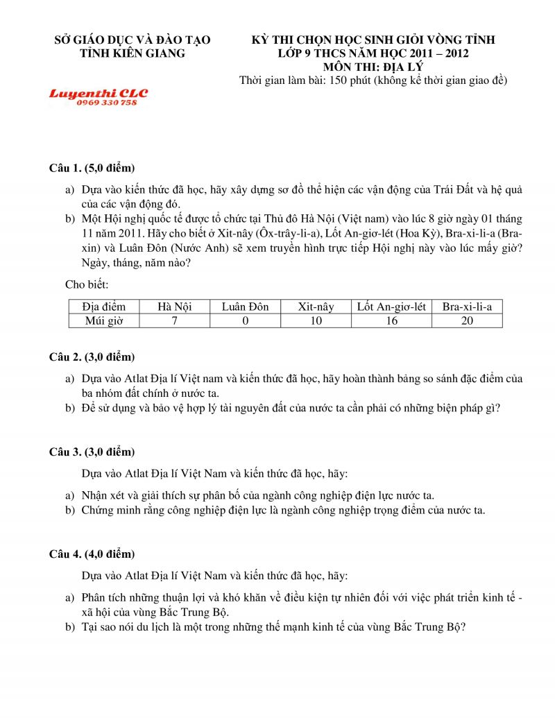 Đề thi chọn HSG môn Địa Lí lớp 9 tỉnh Kiên Giang năm 2012