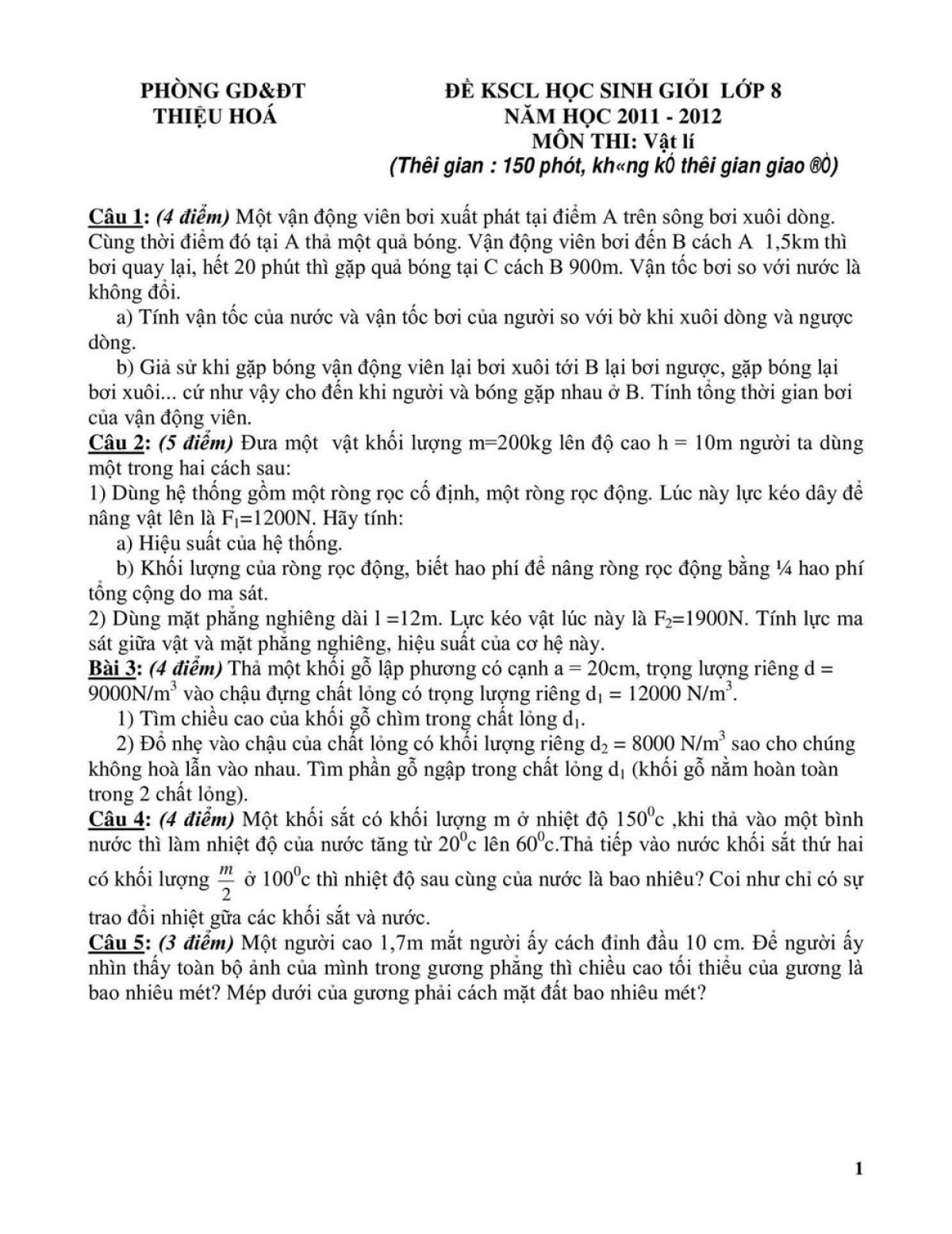 Đề thi KSCL môn Vật Lí lớp 8 huyện Thiệu Hóa tỉnh Thanh Hóa năm 2012