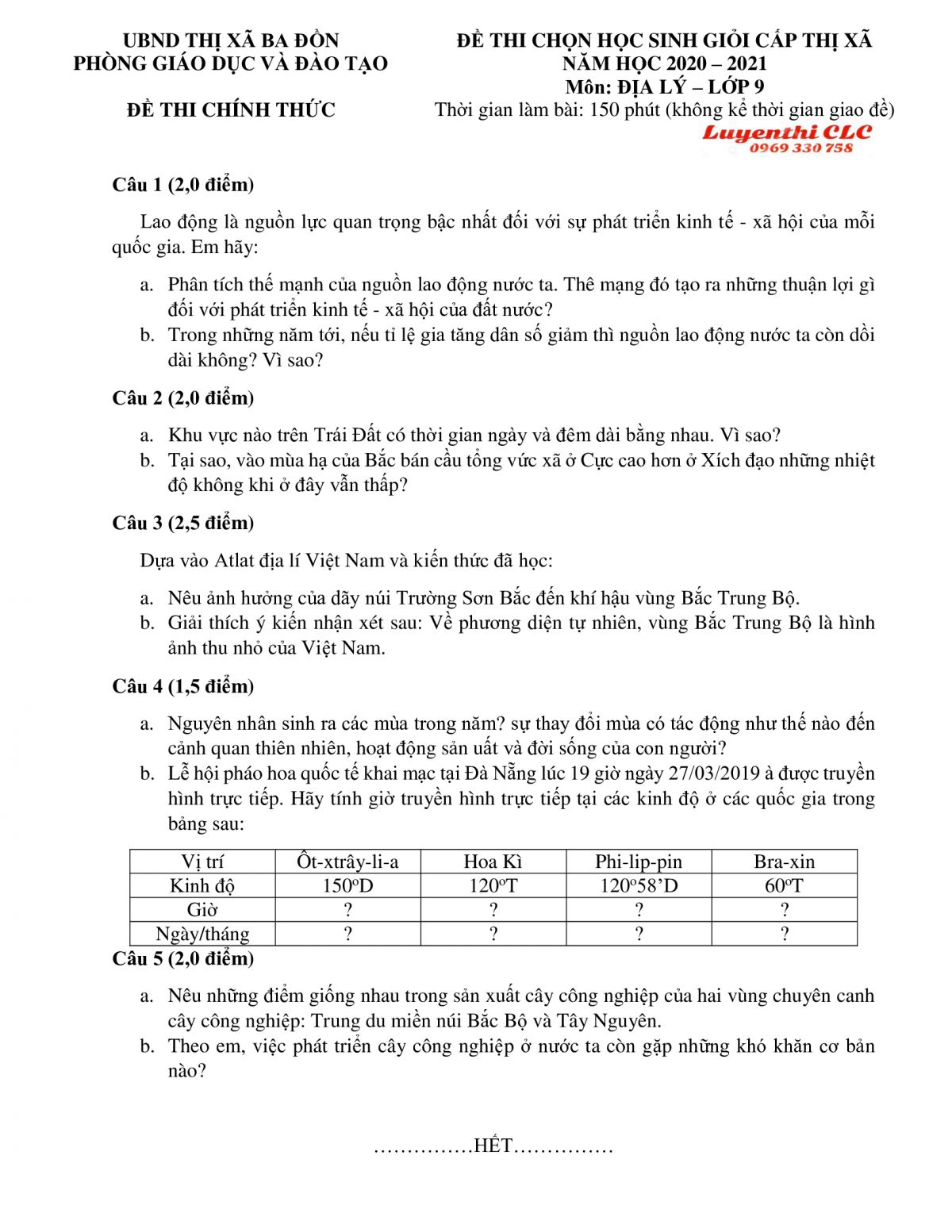 Đề thi chọn HSG m&ocirc;n Địa L&iacute; lớp 9 thị x&atilde; Ba Đồn tỉnh Quảng B&igrave;nh năm 2020
