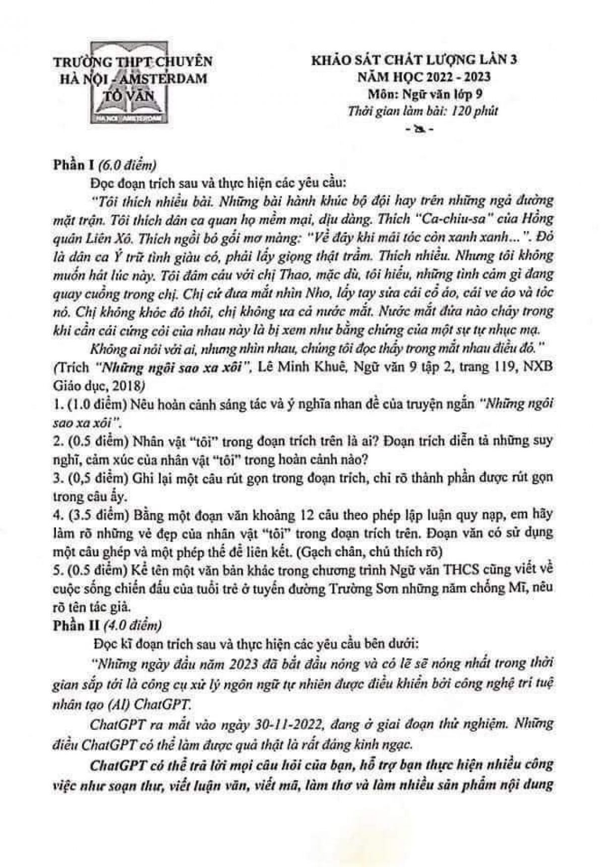 Đề KSCL môn Ngữ Văn lớp 9 lần 3  Trường THPT CHUYÊN Hà Nội - Amsterdam năm 2023