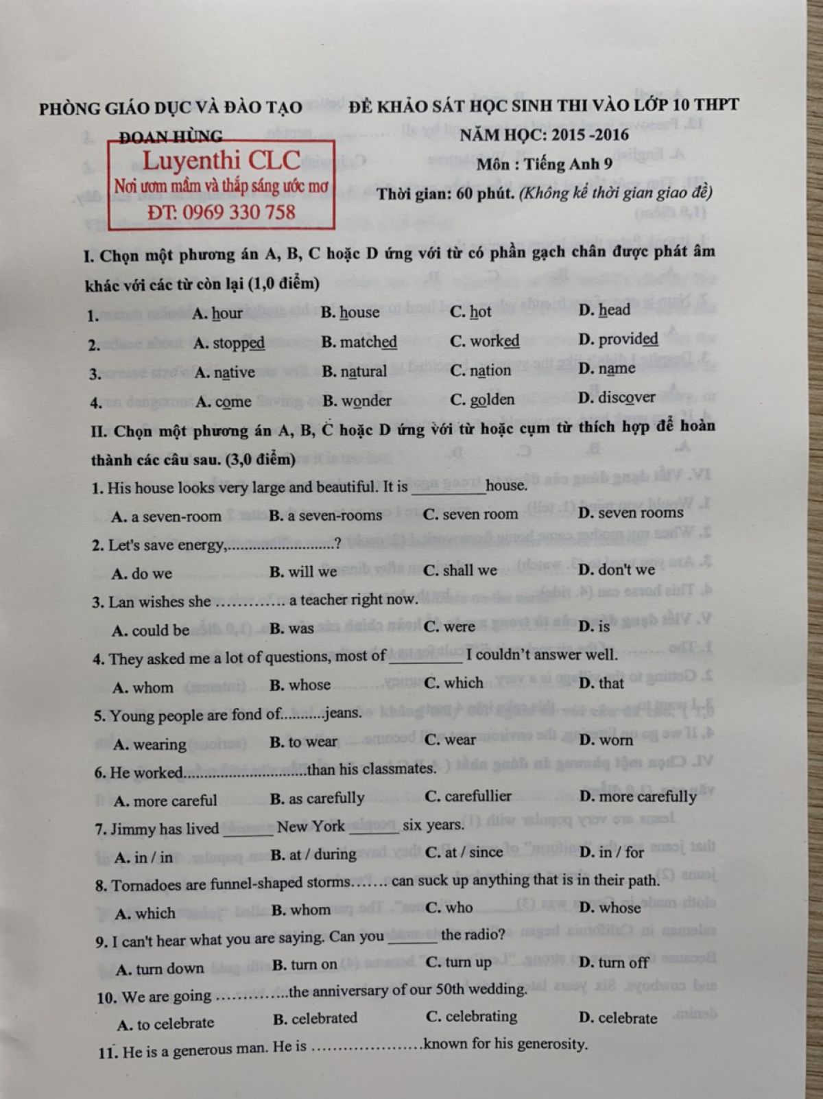 Đề khảo s&aacute;t học sinh thi v&agrave;o lớp 10 THPT m&ocirc;n Tiếng Anh lớp 9 huyện Đoan H&ugrave;ng tỉnh Ph&uacute; Thọ năm 2015