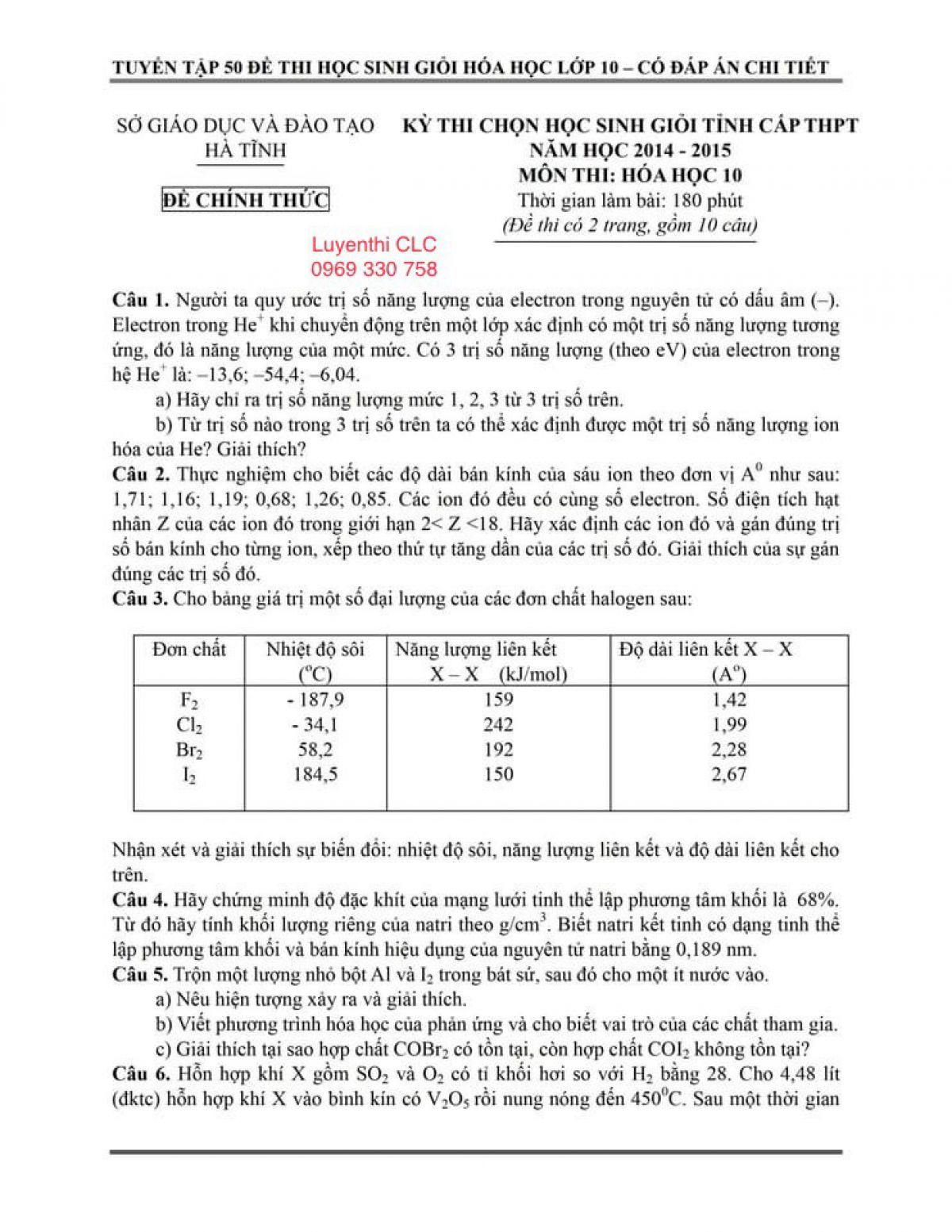 Đề thi chọn HSG v&agrave; đ&aacute;p &aacute;n m&ocirc;n H&oacute;a Học  lớp 10 tỉnh H&agrave; Tĩnh năm 2014