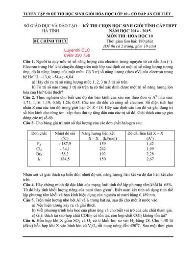 Đề thi chọn HSG và đáp án môn Hóa Học  lớp 10 tỉnh Hà Tĩnh năm 2014