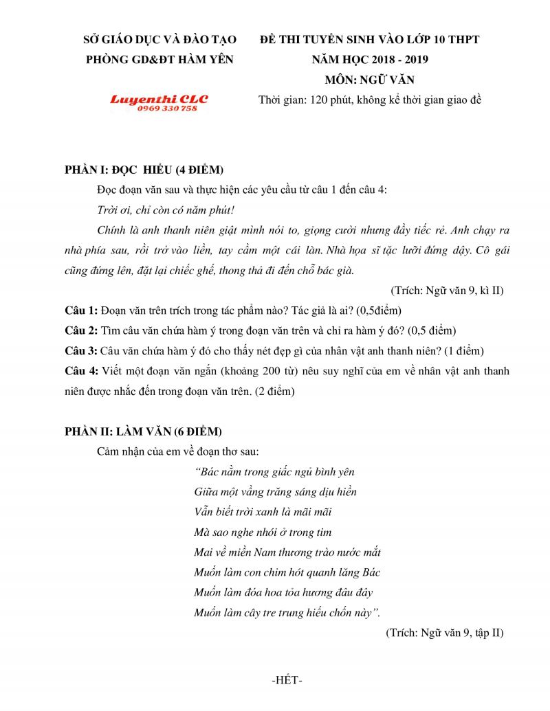 Đề thi tuyển sinh vào lớp 10 THPT môn Ngữ Văn tỉnh Tuyên Quang năm 2018