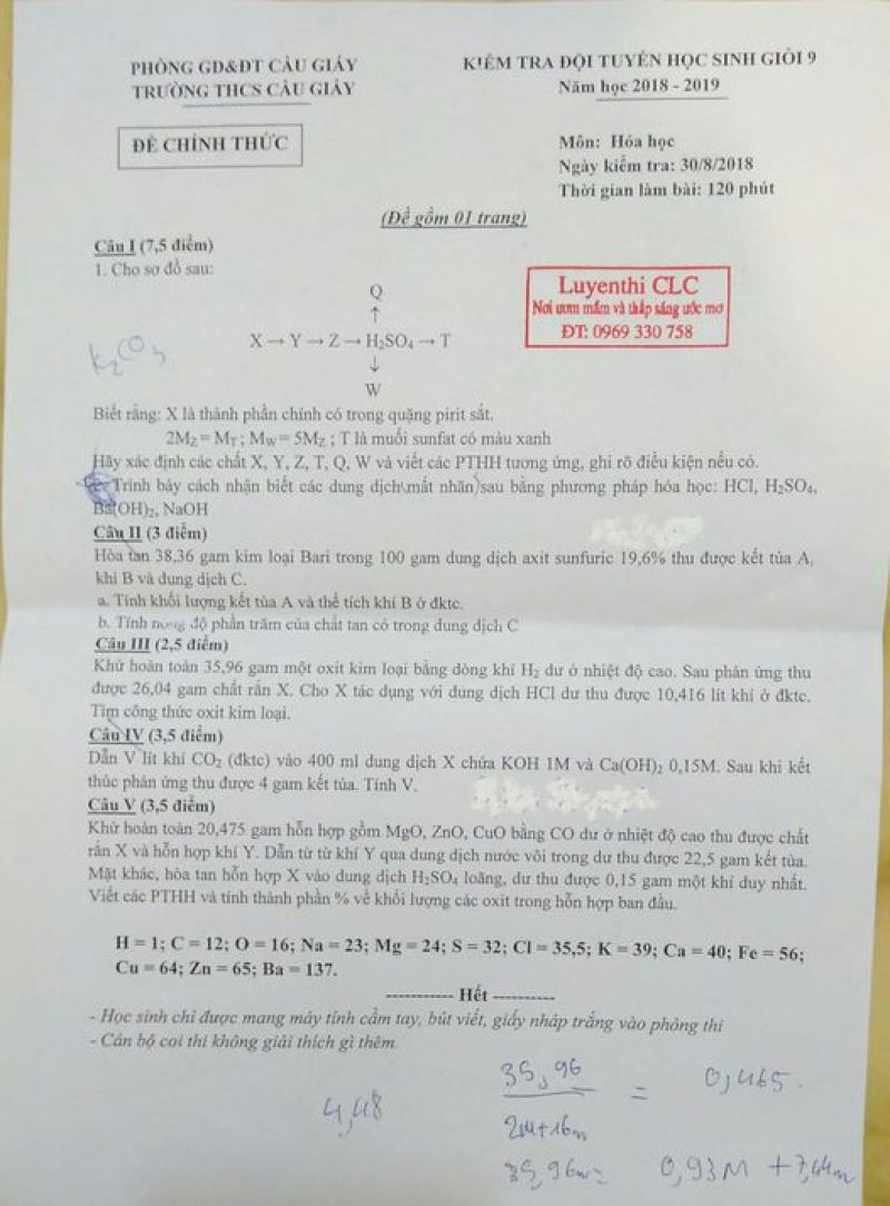 Đề kiểm tra đội tuyển HSG m&ocirc;n H&oacute;a Học lớp 9 Trường THCS Cầu Giấy, H&agrave; Nội năm 2018