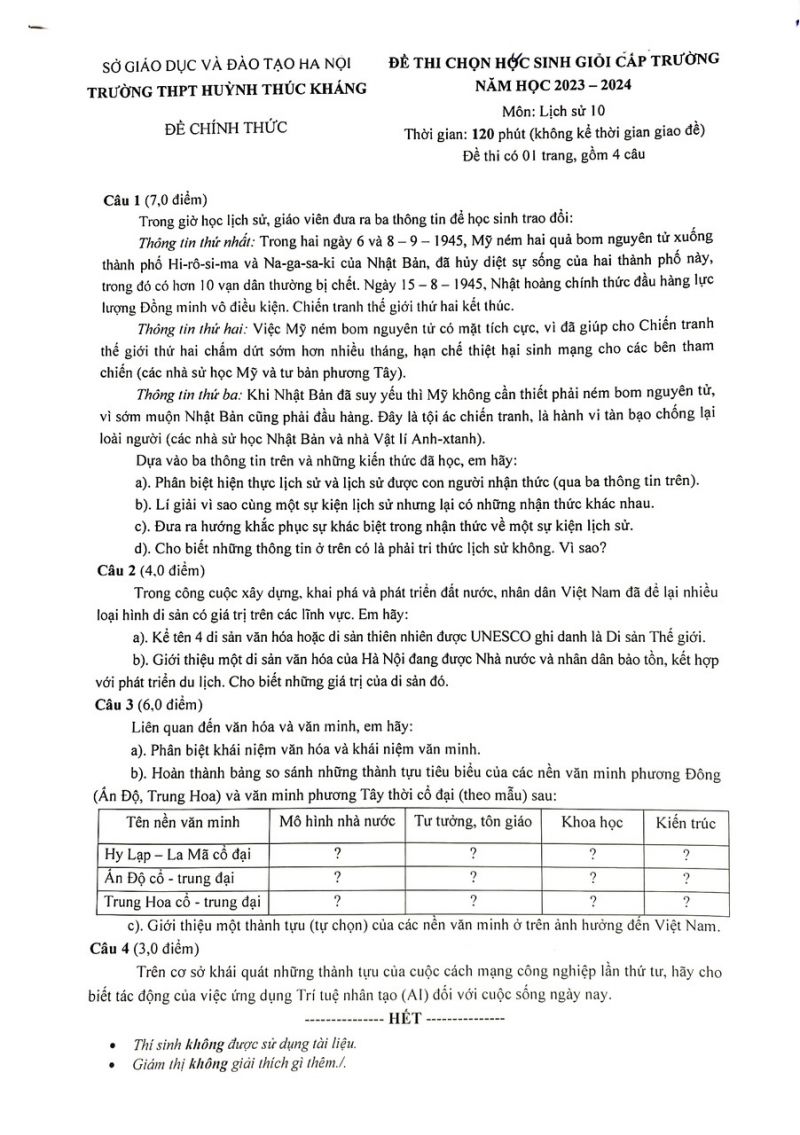 Đề thi chọn HSG m&ocirc;n Lịch Sử lớp 10 Trường THPT Huỳnh Th&uacute;c Kh&aacute;ng, H&agrave; Nội năm 2023