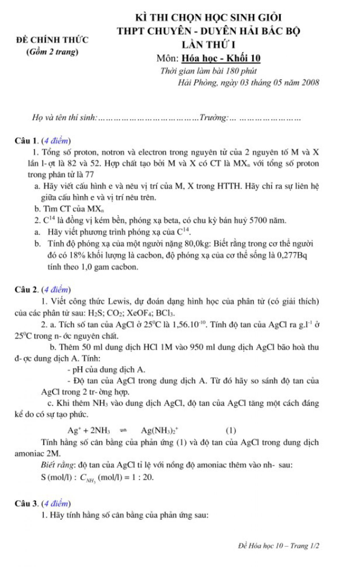 Đề thi tuyển chọn HSG các trường THPT CHUYÊN Vùng Duyên hải Bắc Bộ lần thứ 1 môn Hóa Học khối 10