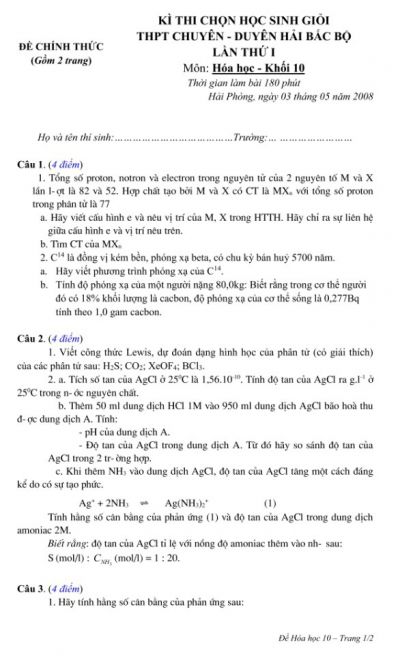 Đề thi tuyển chọn HSG các trường THPT CHUYÊN Vùng Duyên hải Bắc Bộ lần thứ 1 môn Hóa Học khối 10