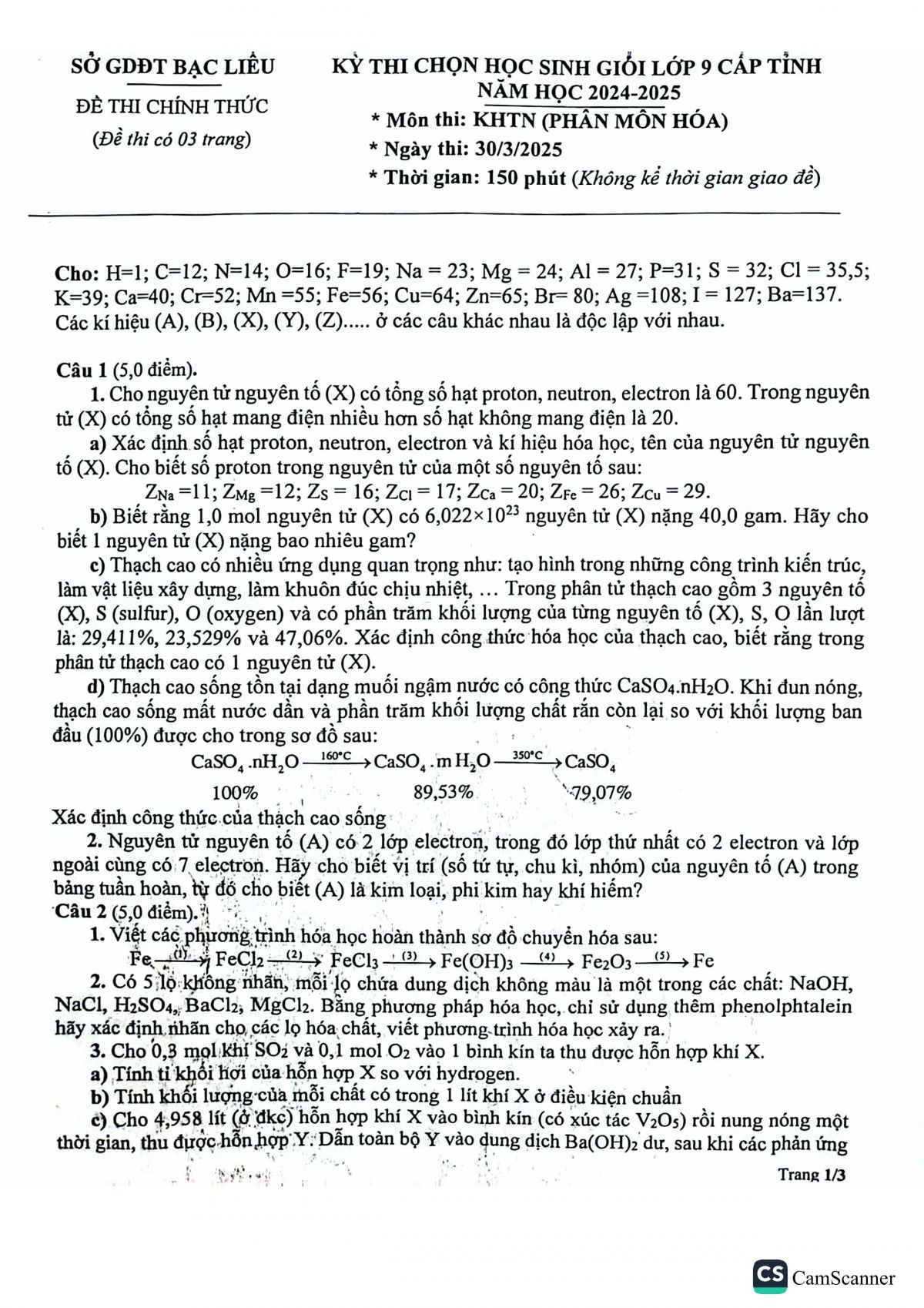 Đề thi chọn HSG m&ocirc;n H&oacute;a lớp 9 - Tỉnh Bạc Li&ecirc;u năm 2024-2025