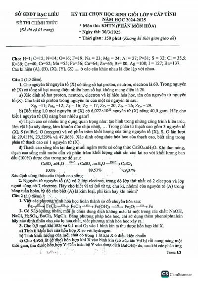 Đề thi chọn HSG m&ocirc;n H&oacute;a lớp 9 - Tỉnh Bạc Li&ecirc;u năm 2024-2025