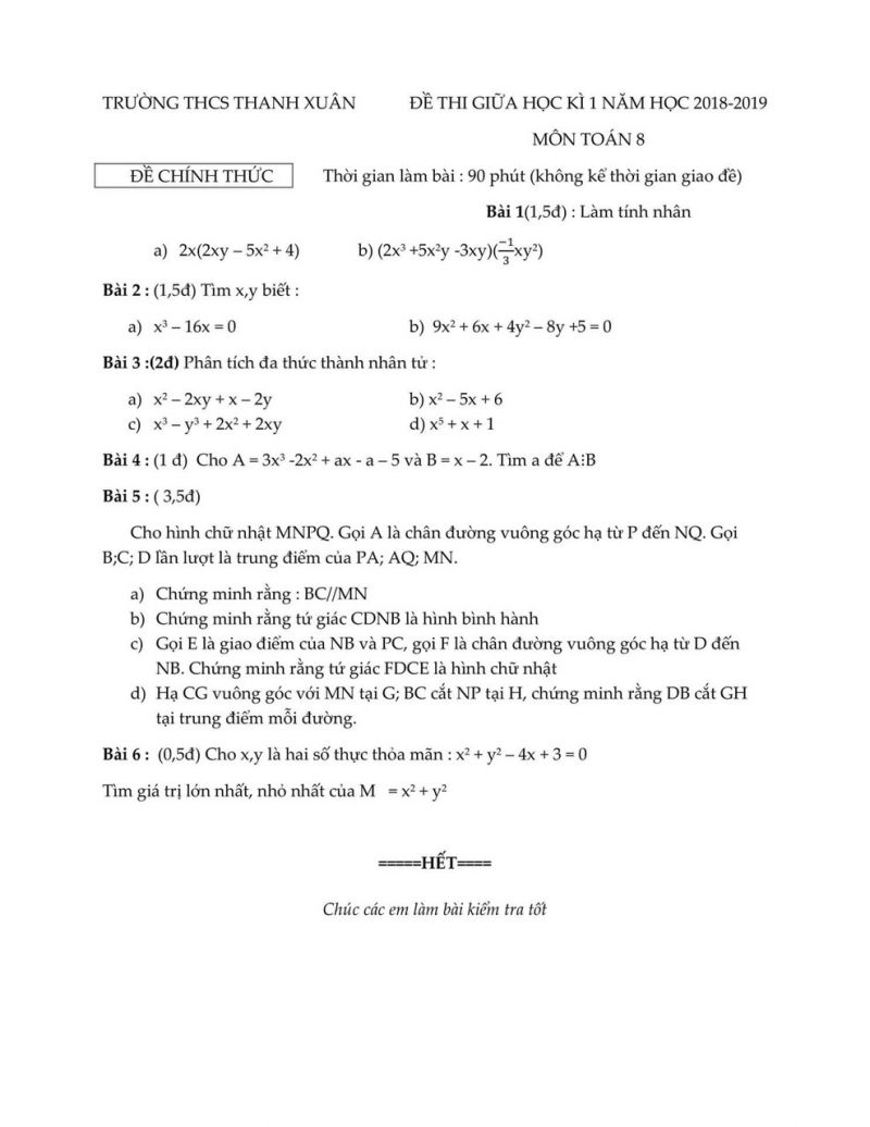 Đề thi giữa học kì I môn Toán lớp 8 Trường THCS Thanh Xuân năm 2018