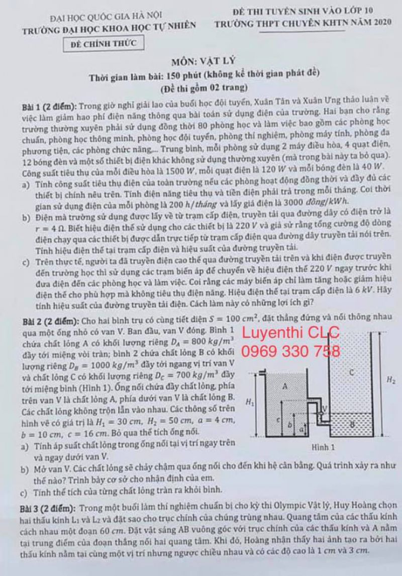 Đề thi tuyển sinh vào lớp 10 Trường THPT CHUYÊN KHTN môn Vật Lí năm 2020