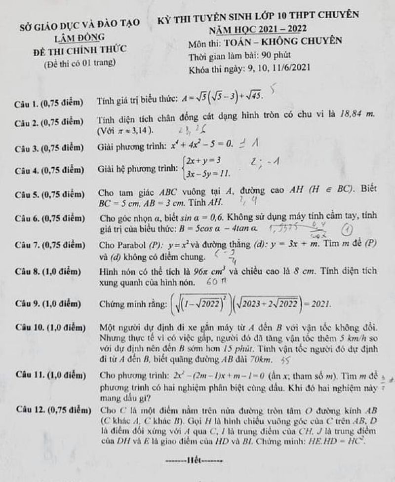 Đề thi tuyển sinh vào lớp 10 THPT CHUYÊN môn Toán ( Không Chuyên ) tỉnh Lâm Đồng năm 2021