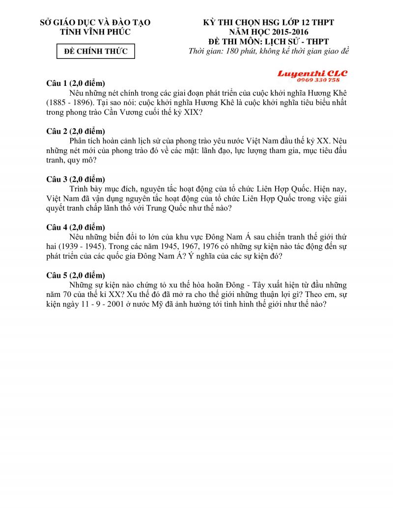 Đề thi chọn HSG lớp 12 THPT và đáp án môn Lịch Sử tỉnh Vĩnh Phúc  năm 2015