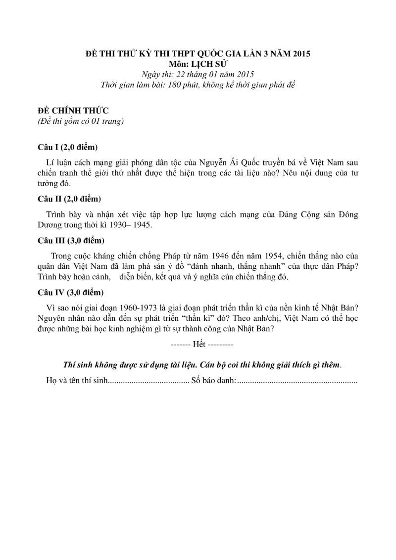 Đề thi thử THPT Quốc Gia và đáp án môn Lịch Sử lần 3 năm 2015