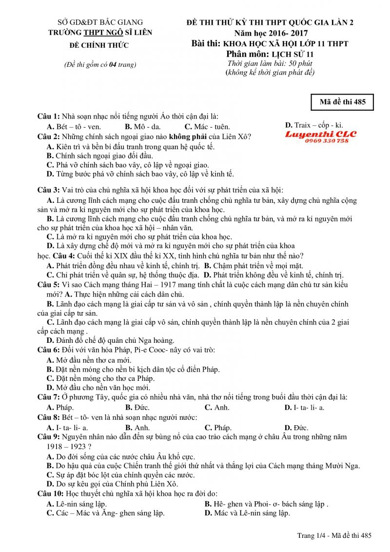 Đề thi thử THPT Quốc gia lần 2 m&ocirc;n Lịch Sử lớp 11 năm 2016
