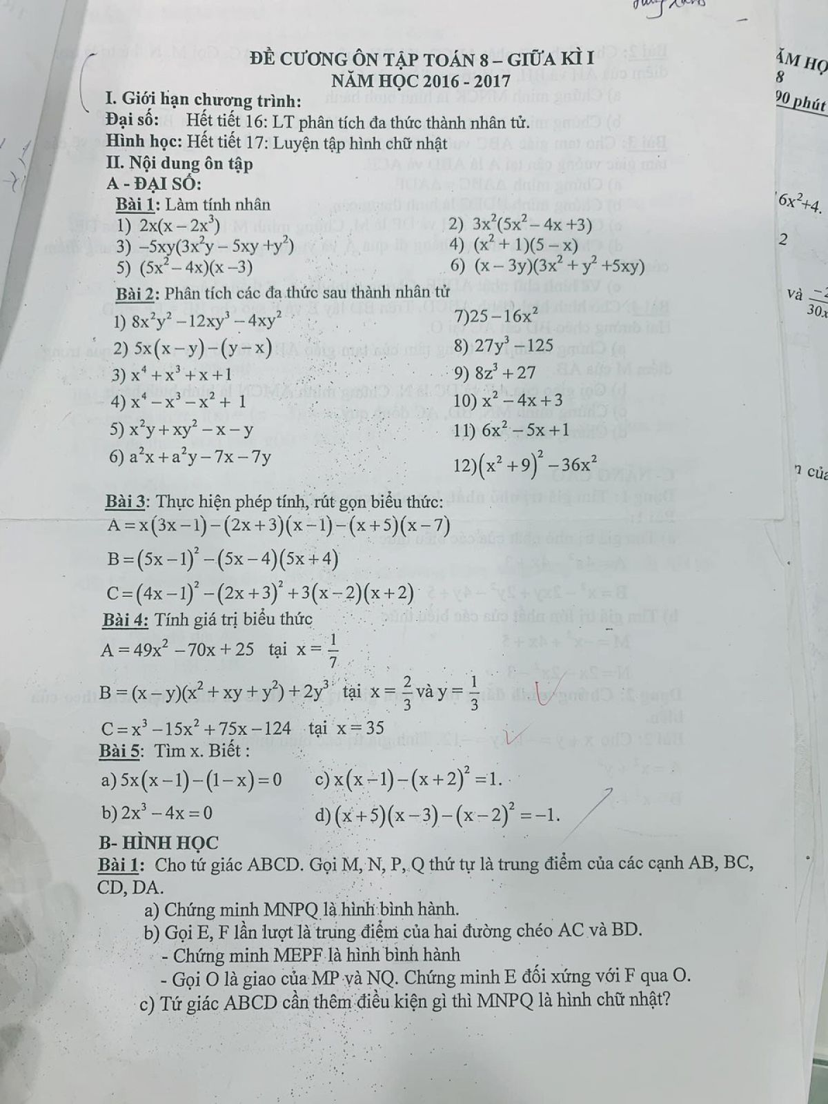 Đề cương &ocirc;n tập To&aacute;n lớp 8 - giữa học k&igrave; I năm 2016