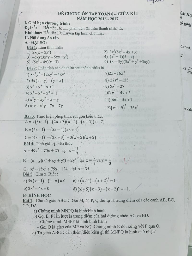 Đề cương &ocirc;n tập To&aacute;n lớp 8 - giữa học k&igrave; I năm 2016