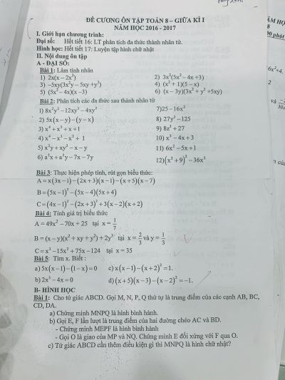 Đề cương ôn tập Toán lớp 8 - giữa học kì I năm 2016