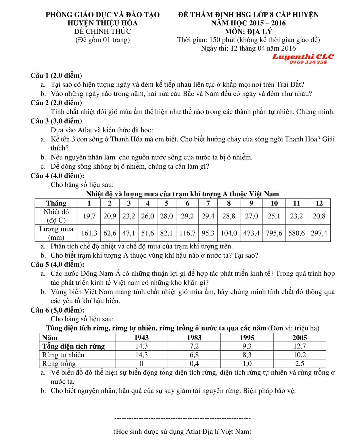 Đề thẩm định HSG cấp huyện m&ocirc;n Địa L&iacute; lớp 8 huyện Thiệu H&oacute;a, tỉnh Thanh H&oacute;a năm 2016