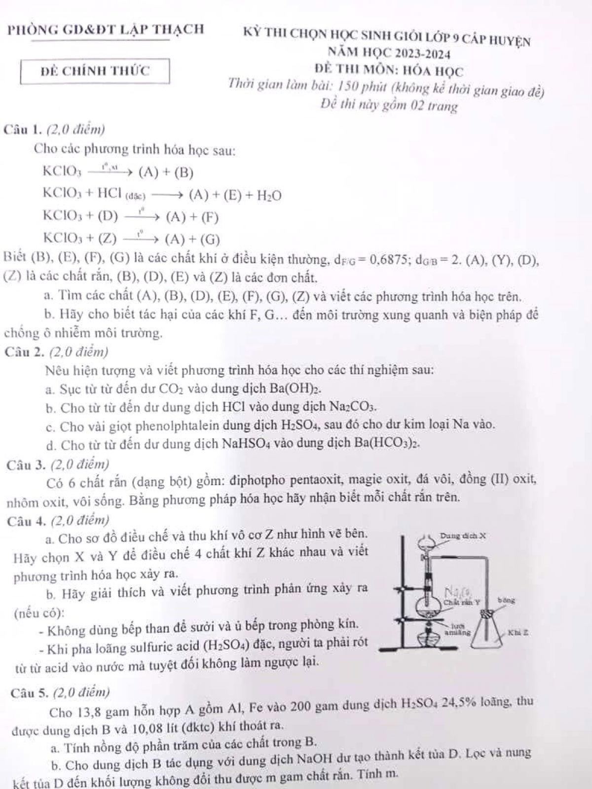 Đề thi chọn HSG môn Hóa Học lớp 9 huyện Lập Thạch tỉnh Vĩnh Phúc năm 2023