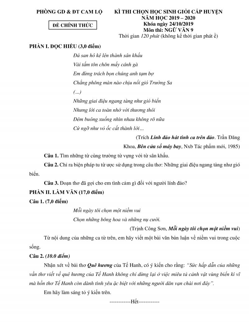 Đề thi chọn HSG cấp huyện môn Ngữ Văn lớp 9 huyện Cam Lộ, tỉnh Quảng Trị năm 2019