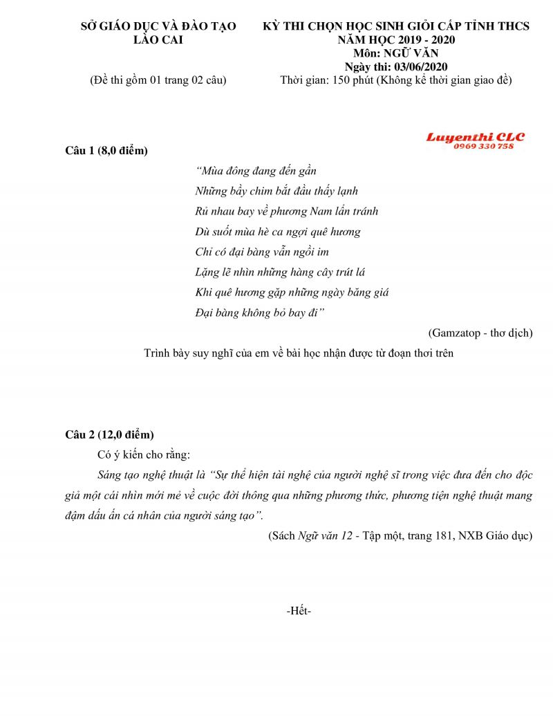 Đề thi chọn HSG cấp tỉnh THCS m&ocirc;n Ngữ Văn tỉnh L&agrave;o Cai năm 2020