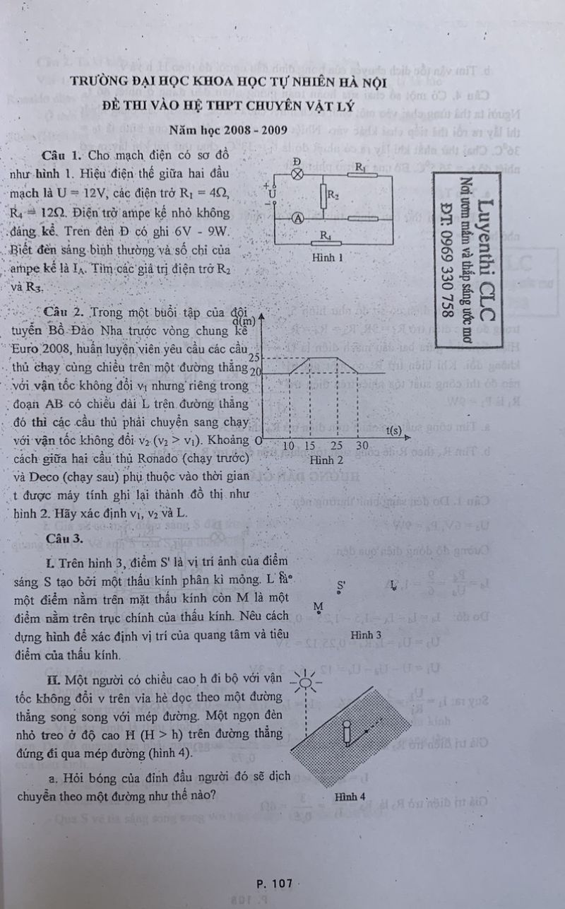 Đề thi vào hệ THPT CHUYÊN và đáp án môn Vật Lí Trường Đại học Khoa học Tự nhiên Hà Nội năm 2008