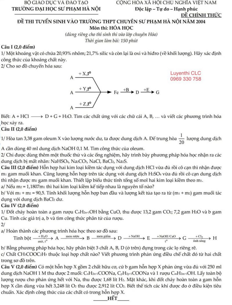 Tuyển tập đề thi tuyển sinh vào lớp 10 môn Hóa Học Trường THPT CHUYÊN Sư phạm Hà Nội qua các năm