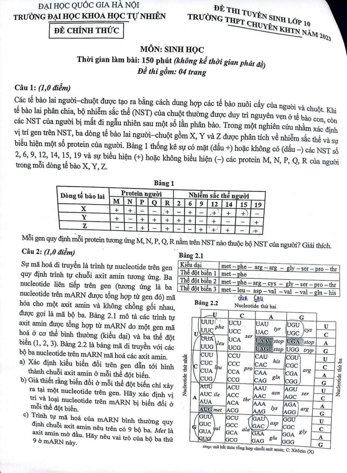 Đề thi tuyển sinh v&agrave;o lớp 10 m&ocirc;n Sinh học Trường THPT CHUY&Ecirc;N KHTN H&agrave; Nội năm 2023